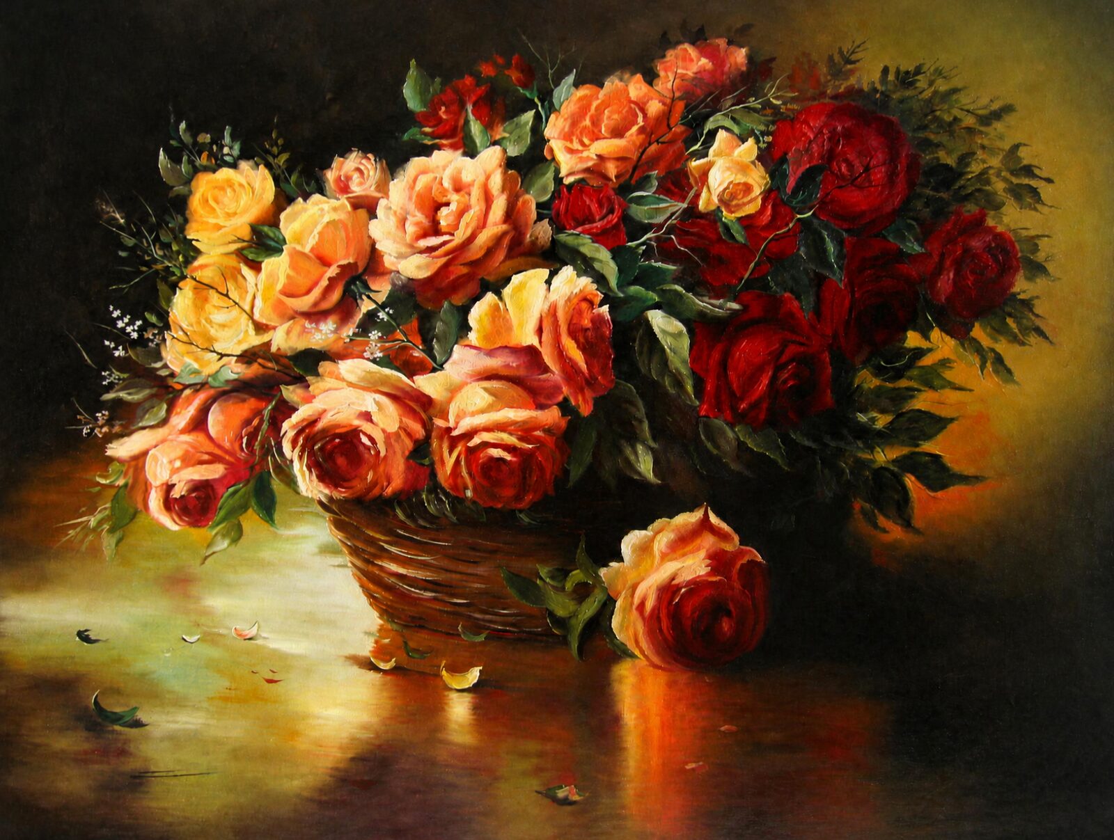 A wicker basket of peach and deep crimson roses on a polished table, with one fallen bloom and its reflection.