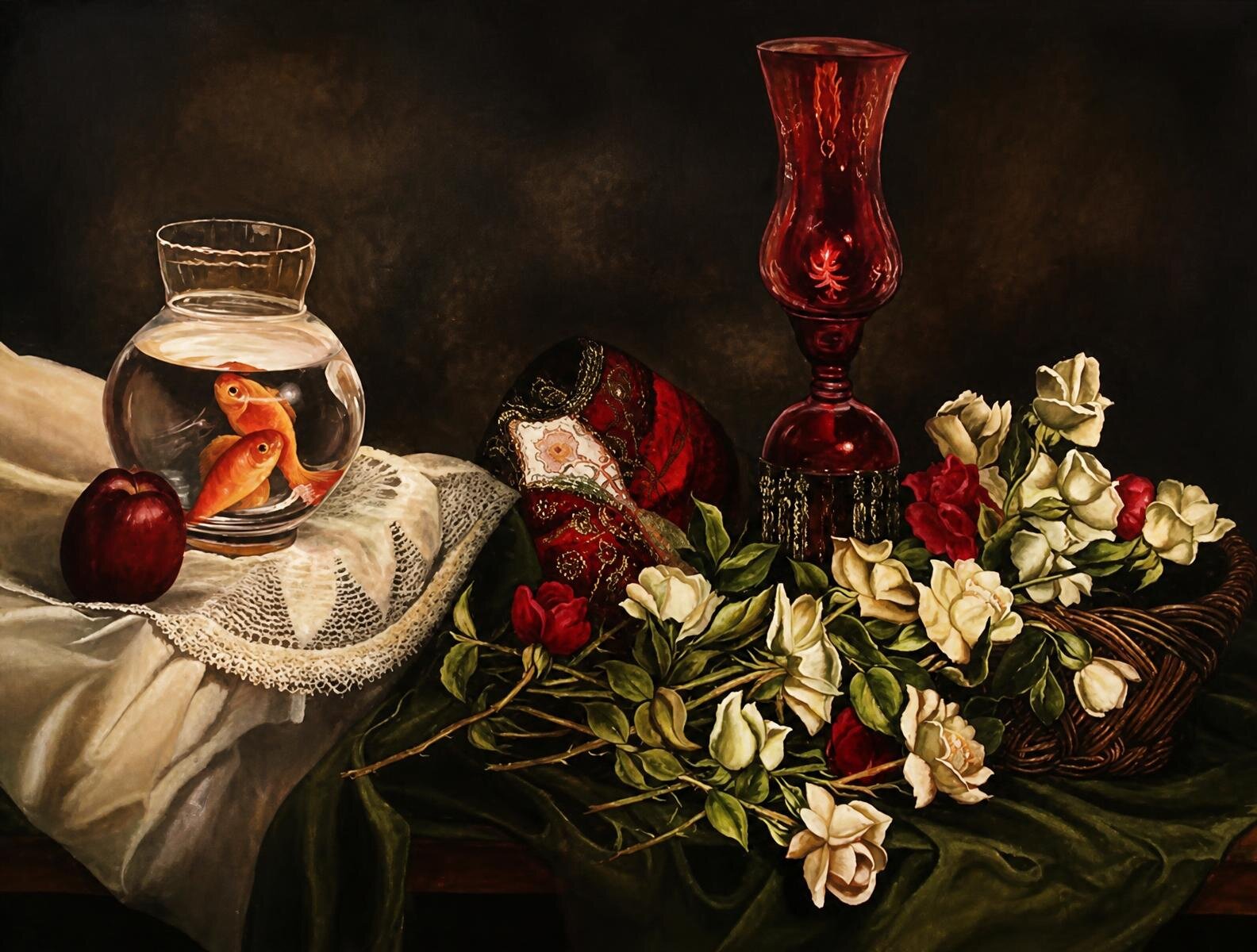 Goldfish in a glass bowl beside a red apple, old lace, white roses in a basket and a ruby glass lantern.