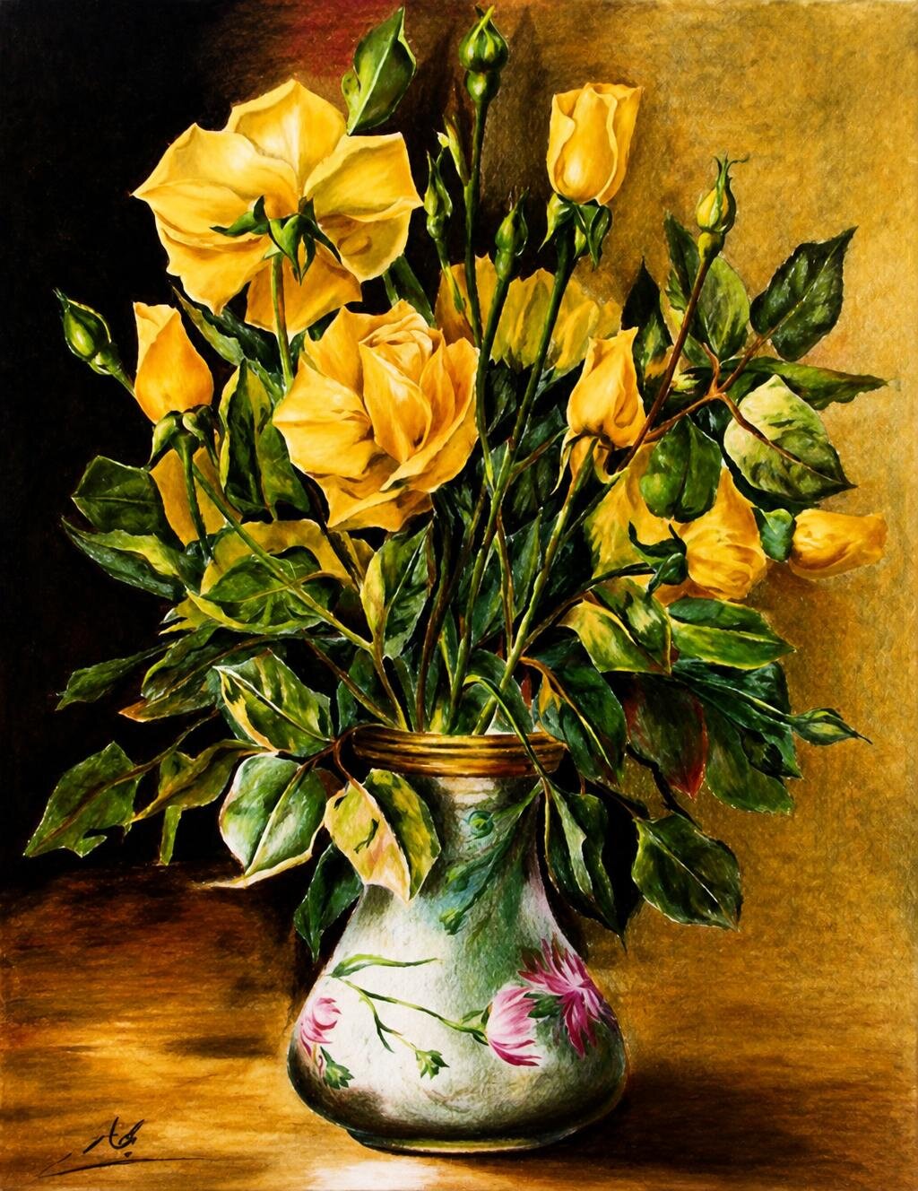 Yellow roses and buds in a painted porcelain vase.