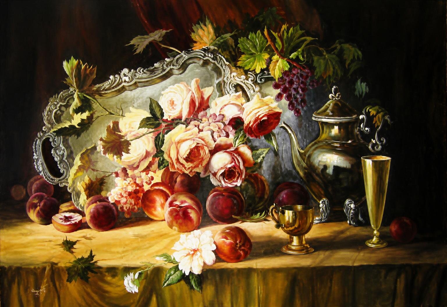 Roses, peaches and grapes spill across an ornate silver tray, with gilded cups catching the afternoon light.
