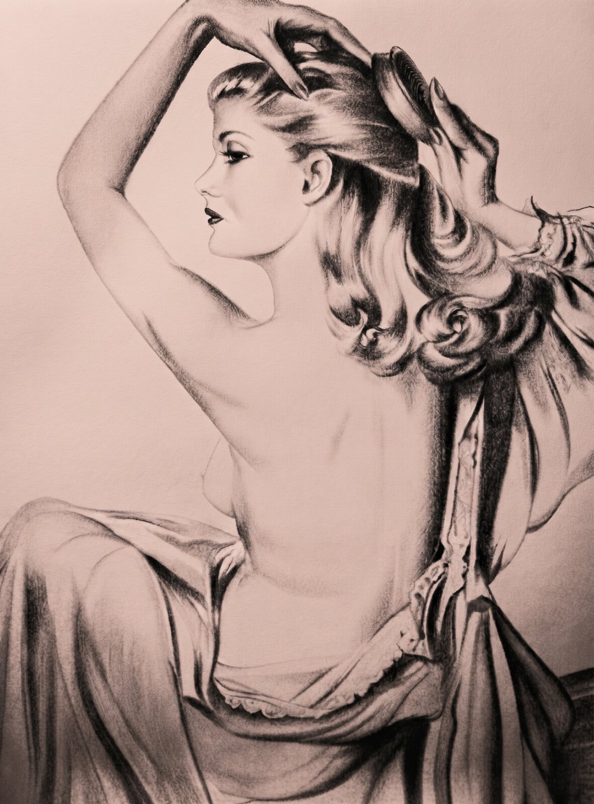 Graphite drawing of a woman with one arm raised to her hair, glancing back over her shoulder.