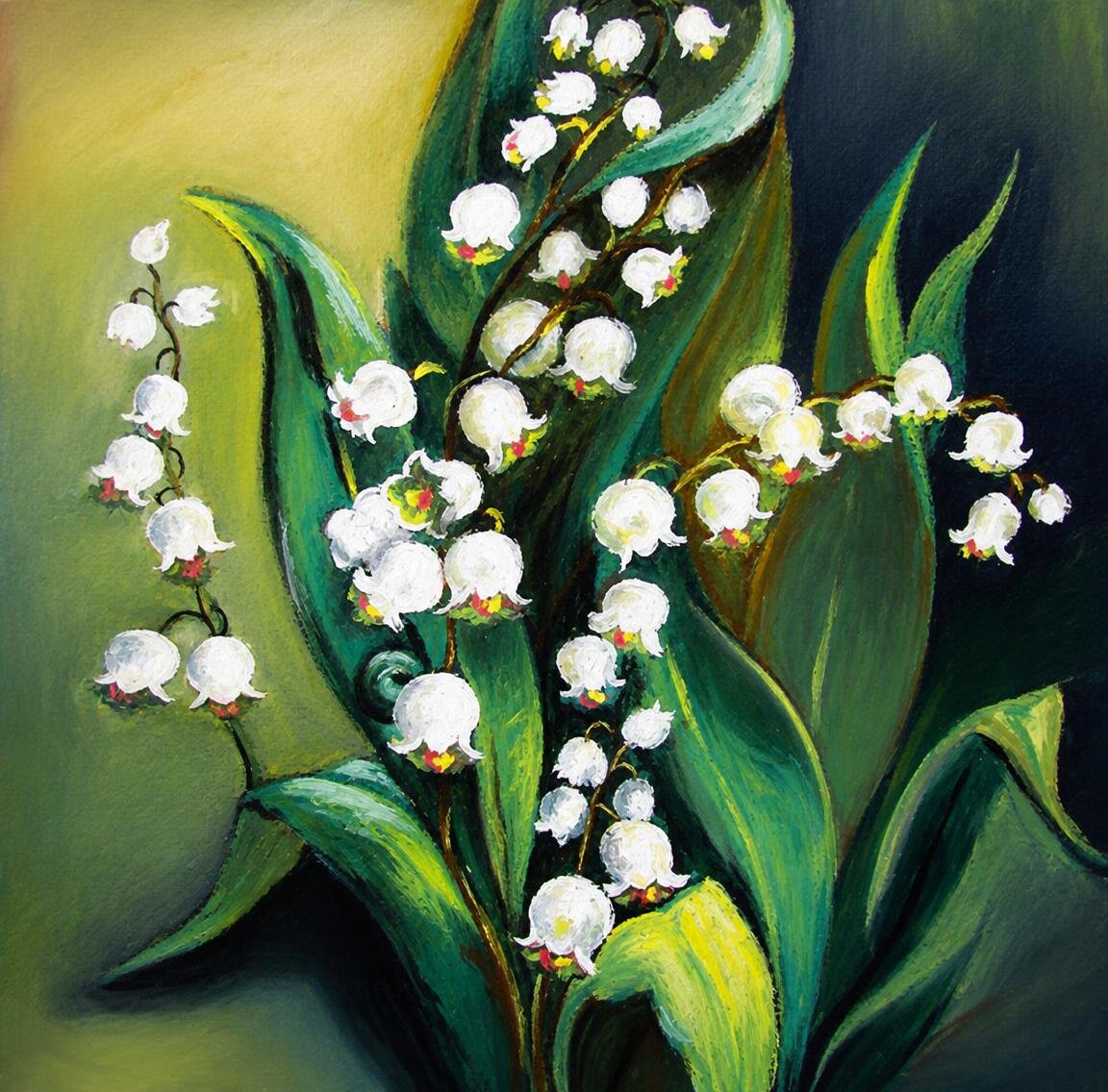 Arching stems of white lily of the valley bells, tipped with pink, among deep green leaves.