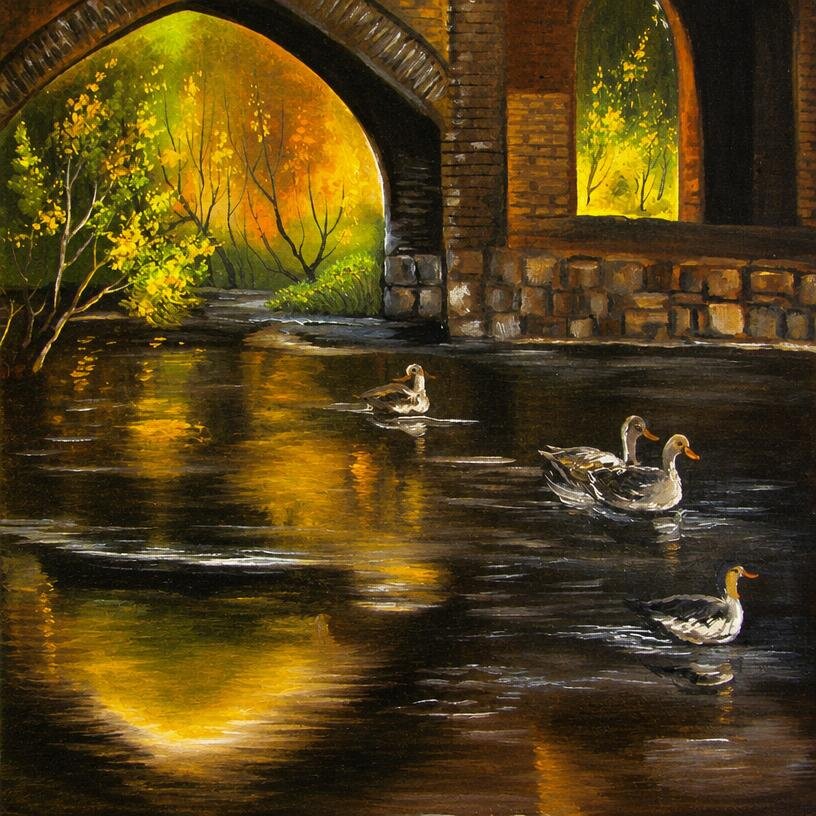 Three ducks drift on dark water beneath a brick bridge, with golden autumn trees glowing through the arches.