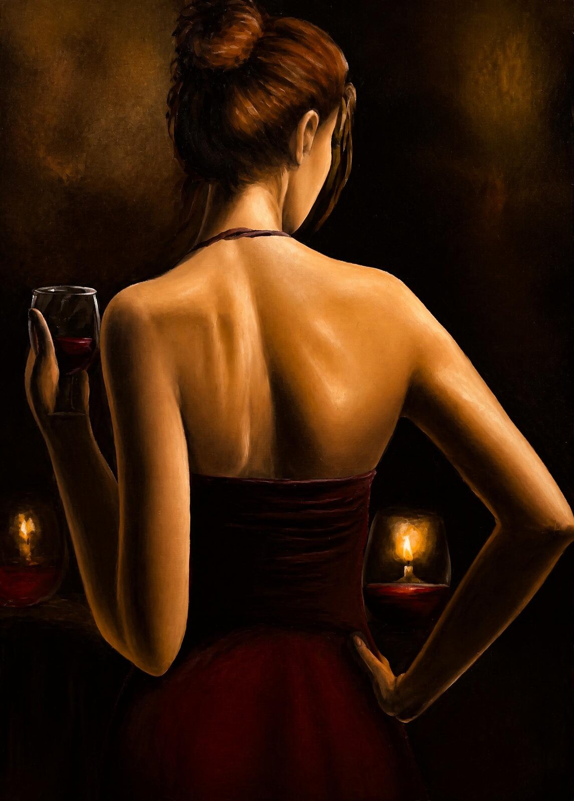 A woman in a red dress, seen from behind, holds a glass of wine in a dark room lit by candles.