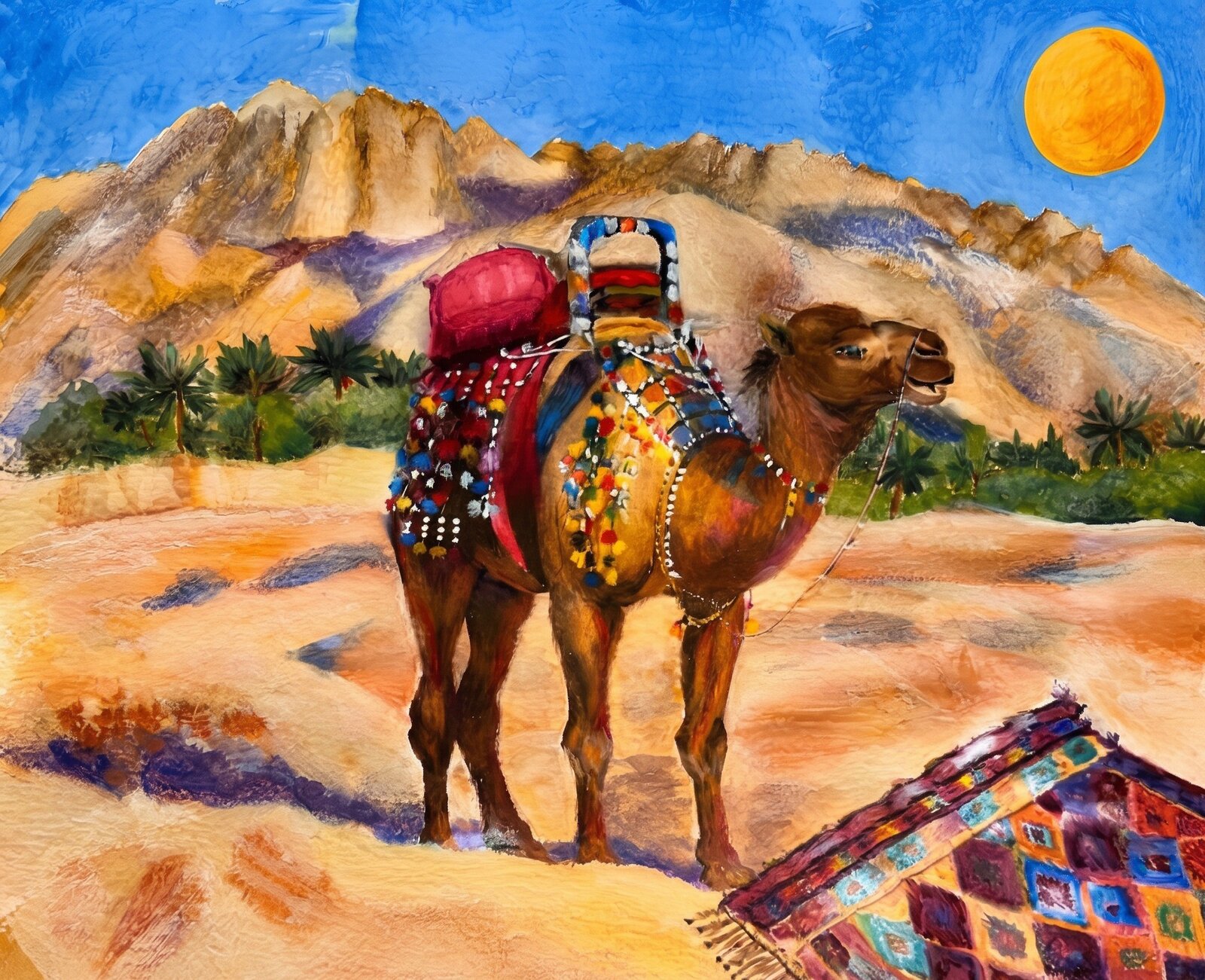 A camel dressed in tasselled, jewel-coloured wool stands beside an unrolled carpet in the desert, with mountains beneath a large apricot sun.