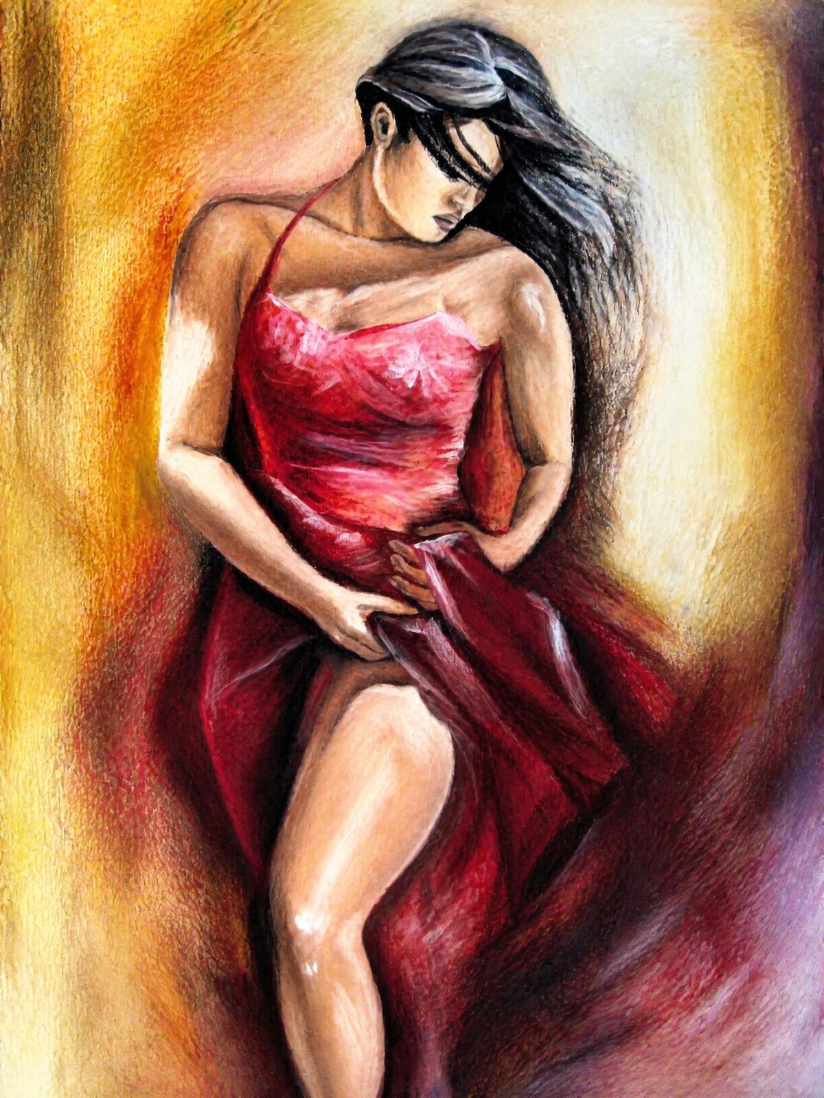 A woman with long dark hair gathers a sweep of red silk in both hands and turns away from the light, against an amber and wine-red background.