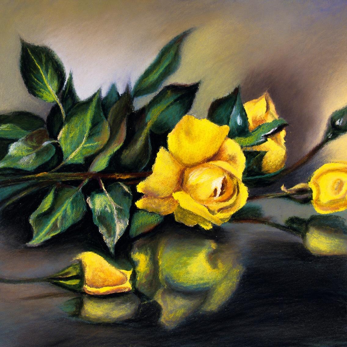 Yellow roses lie on a dark, reflective surface, their reflections drifting below them.