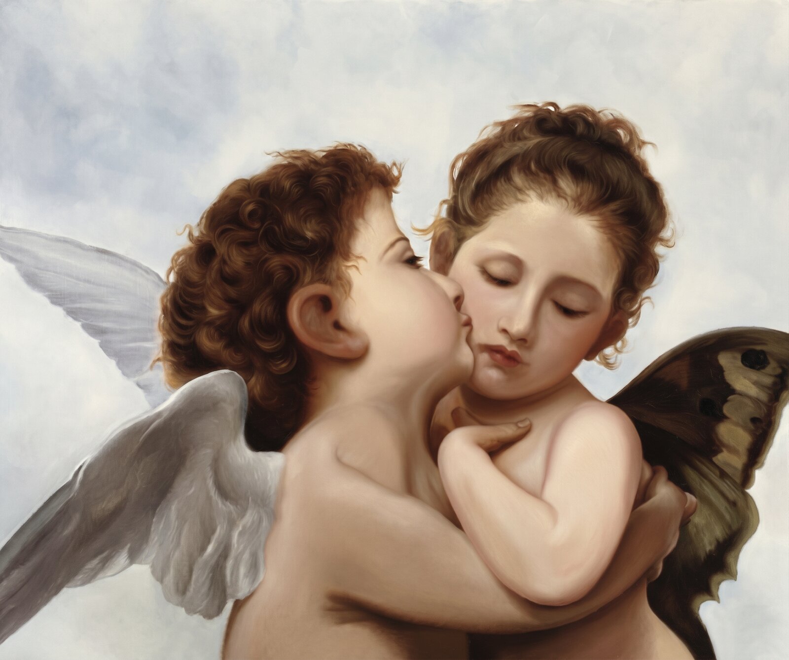 A study after Bouguereau: a winged boy kisses a girl with butterfly wings among soft clouds.