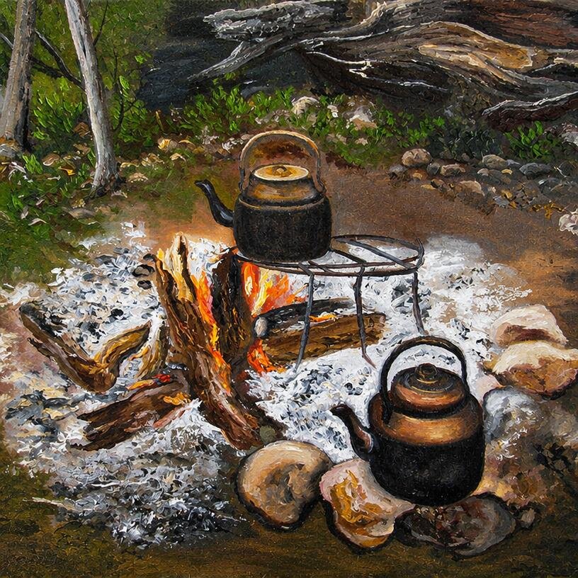 Two copper kettles over campfire embers in a wood, one on an iron stand and one among the stones.