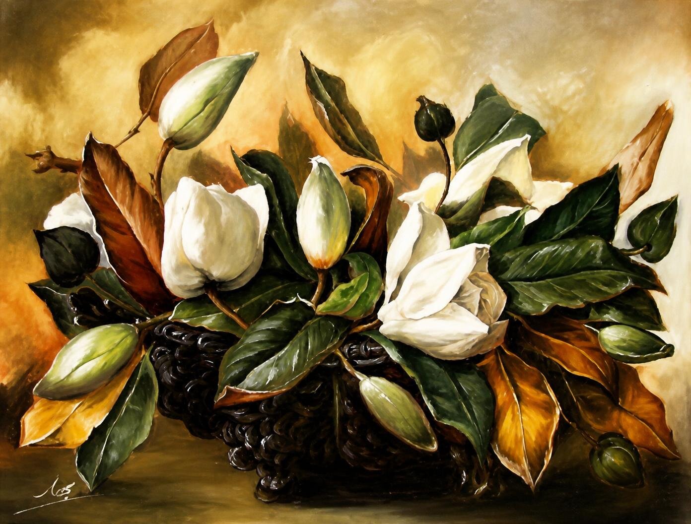 Ivory magnolia blossoms with copper-tinged leaves above a basket of dark fruit.