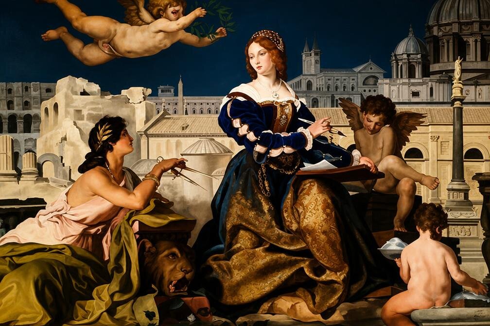 A Renaissance-style woman holds a pen while cherubs carry laurels, with the domes and columns of Rome behind her at night.