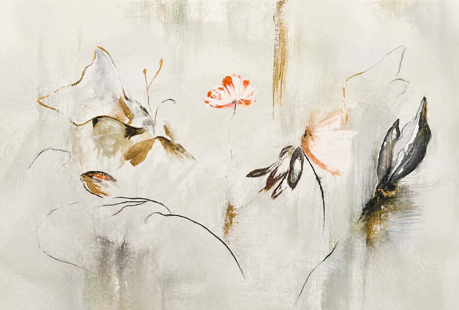 A pale, weathered abstract with loose ink strokes and drifting coral blossoms.