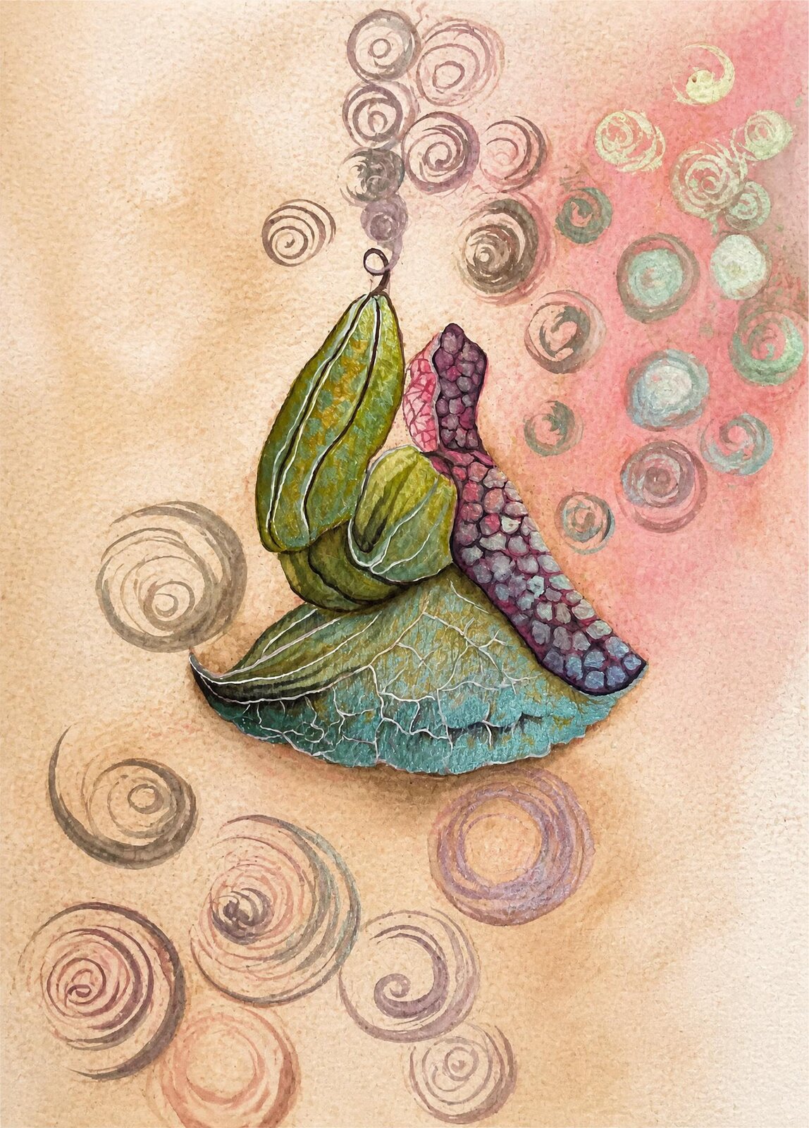 A scaled, shimmering seed pod opens like a shell as spirals rise into a warm, dusty background.