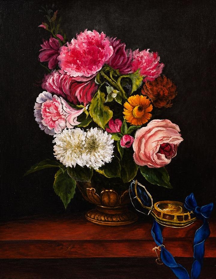 Peonies, carnations and a rose in a small bronze vase, with a pair of spectacles and a blue ribbon beside it.