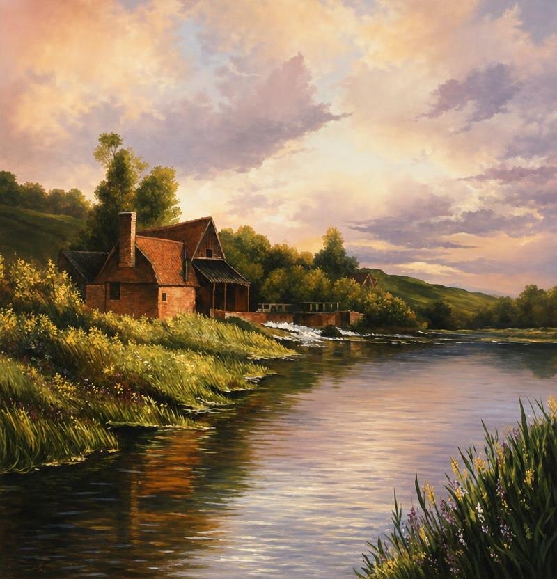 A red-brick mill beside a river and weir under a rose and lavender sunset sky.