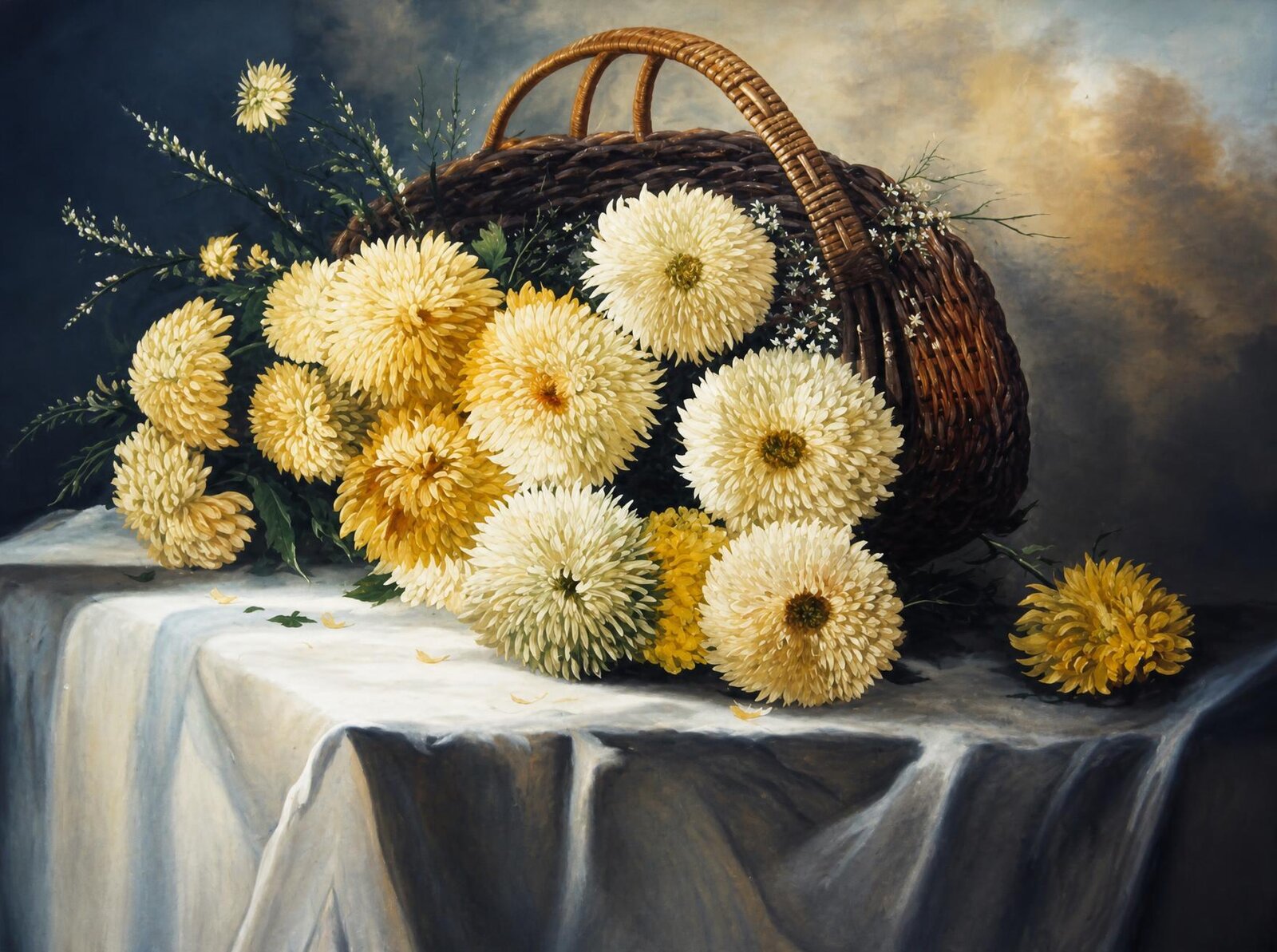 Cream and gold chrysanthemums tumble from a tipped wicker basket onto white linen, with clouds behind.