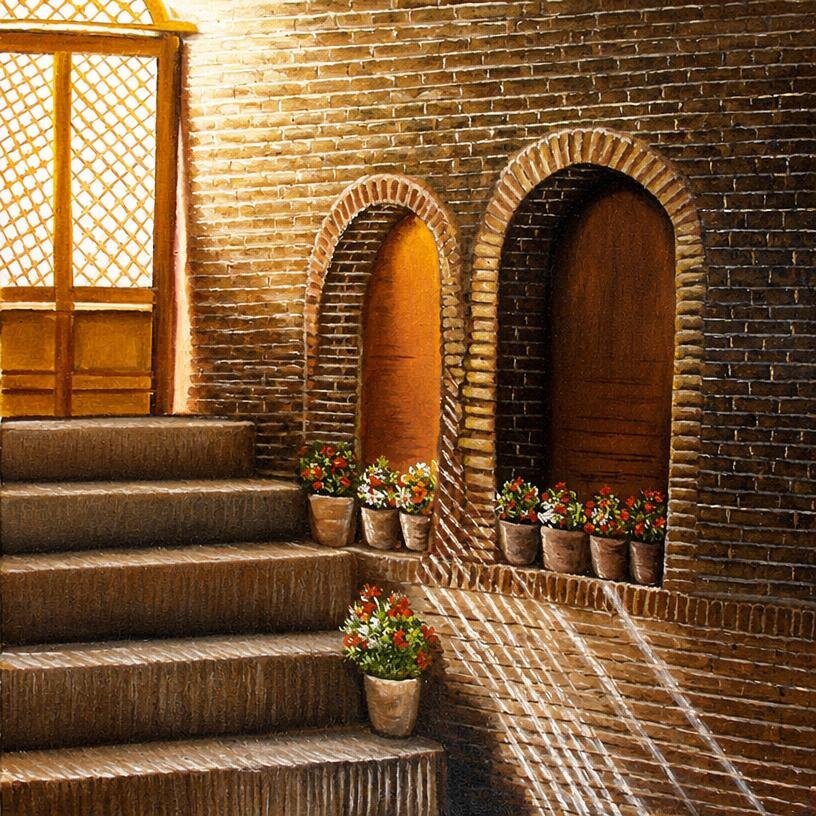 Late sunlight falls through a latticed door onto old brick steps lined with pots of red geraniums.