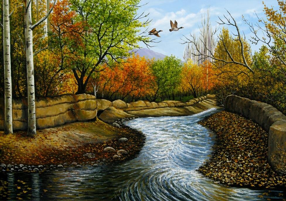 An autumn stream bends between stone banks, with golden birches and two ducks flying toward a blue hill.